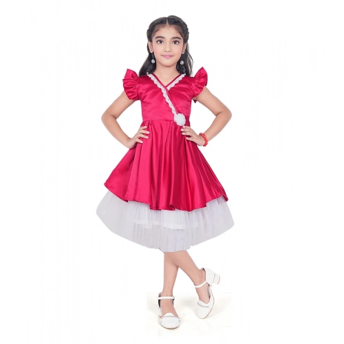 Generic Girl's Satin Soild Short Sleeve V Neck Dress (Pink)