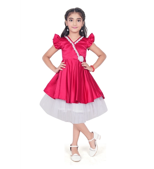 Girl's Satin Soild Short Sleeve V Neck Dress (Pink)