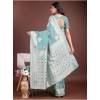 Generic Women's Linen Cotton Printed Saree With Unstitched Blouse 5.5Mtr (Sea Green)