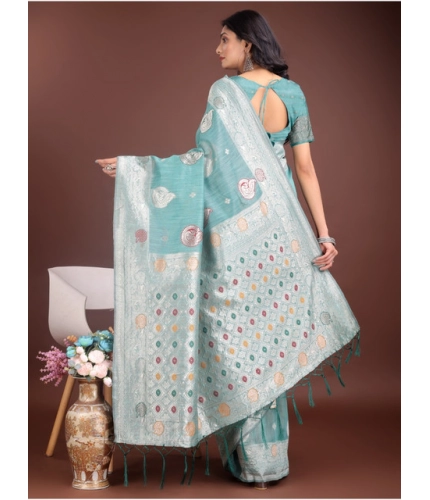 Generic Women's Linen Cotton Printed Saree With Unstitched Blouse 5.5Mtr (Sea Green)