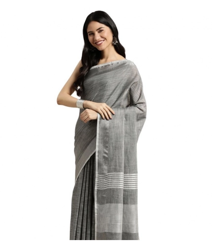 Generic Women's Linen Cotton Printed Saree With Unstitched Blouse 5.5Mtr (Dark Grey)