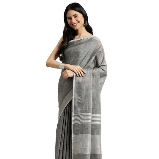 Generic Women's Linen Cotton Printed Saree With Unstitched Blouse 5.5Mtr (Dark Grey)