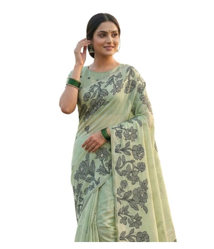 Generic Women's Linen Cotton Printed Saree With Unstitched Blouse 5.5Mtr (Light Green)