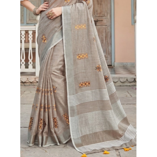 Generic Women's Linen Embroidered Saree With Unstitched Blouse 5.5Mtr (Light Beige) Generic Women's Linen Embroidered Saree With Unstitched Blouse 5.5Mtr (Light Beige)