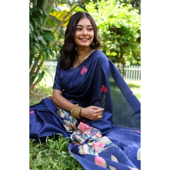 Generic Women's Faux_Tussar Floral Saree With Unstitched Blouse 5.5Mtr (Navy_Blue) Generic Women's Faux_Tussar Floral Saree With Unstitched Blouse 5.5Mtr (Navy_Blue)