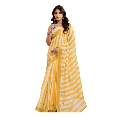 Generic Women's Linen Cotton Printed Ready To Wear Saree With Unstitched Blouse 5.5 Mtr (Light_Mustard)
