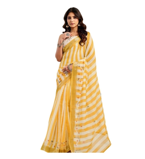 Generic Women's Linen Cotton Printed Ready To Wear Saree With Unstitched Blouse 5.5 Mtr (Light_Mustard)