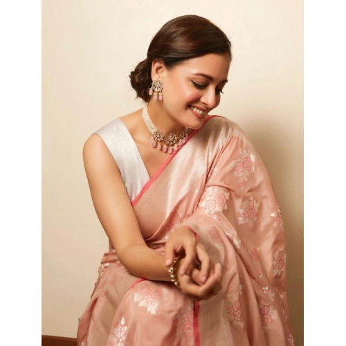 Women's Litchi silk Printed Saree With Unstitched Blouse (Peach) Women's Litchi silk Printed Saree With Unstitched Blouse (Peach)