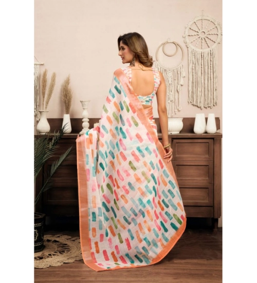 Generic Women's Linen Cotton Printed Ready To Wear With Pocket Saree With Unstitched Blouse 5.5 Mtr (Multicolor)