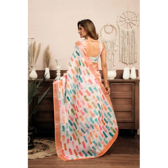 Generic Women's Linen Cotton Printed Ready To Wear With Pocket Saree With Unstitched Blouse 5.5 Mtr (Multicolor)
