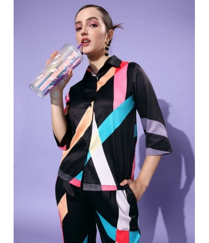 Generic Women's Satin Colour Block Long Sleeves Co-Ord Set (Multicolor)
