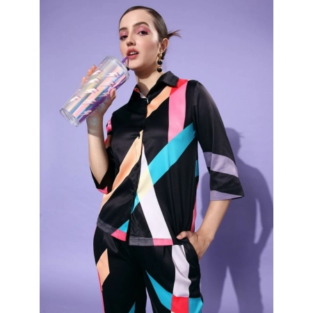 Generic Women's Satin Colour Block Long Sleeves Co-Ord Set (Multicolor) Generic Women's Satin Colour Block Long Sleeves Co-Ord Set (Multicolor)