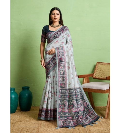 Generic Women's Silk Blend Printed Saree With Unstitched Blouse 5.5Mtr (Grey)