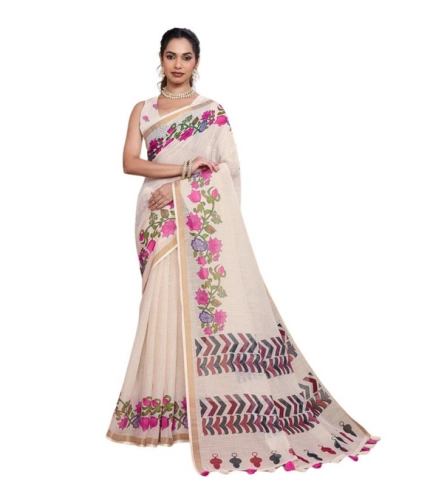 Generic Women's Linen Floral Printed Saree With Unstitched Blouse 5.5Mtr (Cream)