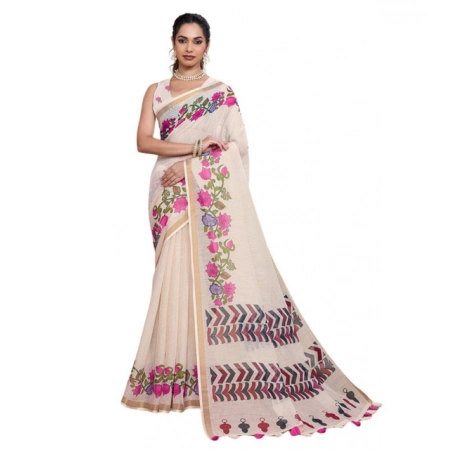 Generic Women's Linen Floral Printed Saree With Unstitched Blouse 5.5Mtr (Cream) Generic Women's Linen Floral Printed Saree With Unstitched Blouse 5.5Mtr (Cream)