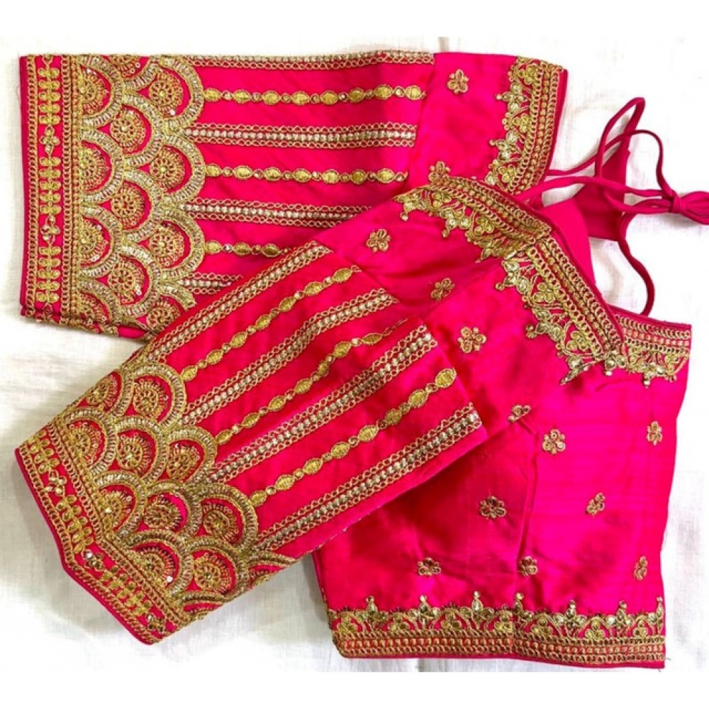 Women's Phantom Silk Embroidered Designer Neck Padded Blouse (Pink 38 Ready (Alterable up to 42)