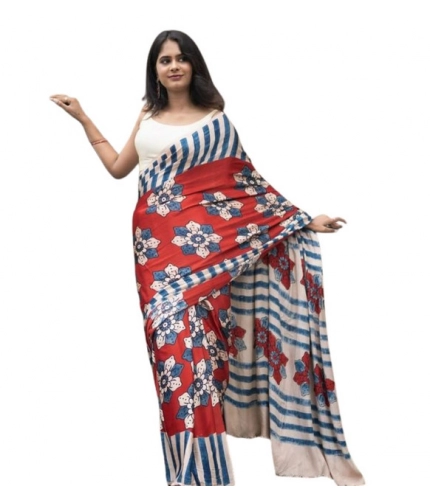 Generic Women's Linen Printed Saree With Unstitched Blouse 5.5Mtr (Red)