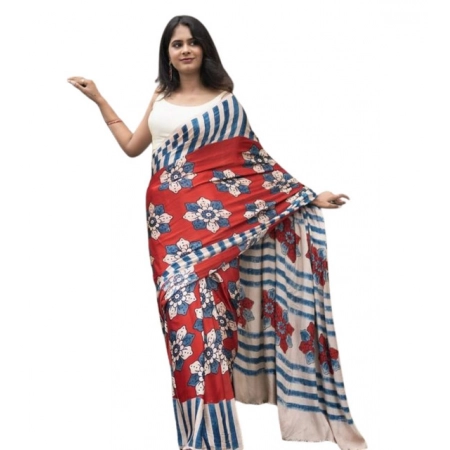 Generic Women's Linen Printed Saree With Unstitched Blouse 5.5Mtr (Red)