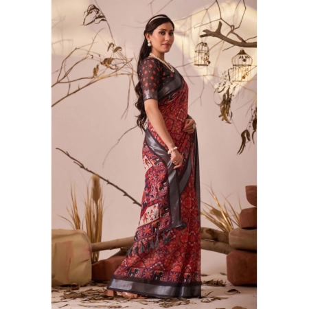 Generic Women's Faux_Linen Printed Saree With Unstitched Blouse 5.5Mtr (Red) Generic Women's Faux_Linen Printed Saree With Unstitched Blouse 5.5Mtr (Red)