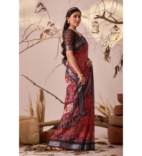Generic Women's Faux_Linen Printed Saree With Unstitched Blouse 5.5Mtr (Red)