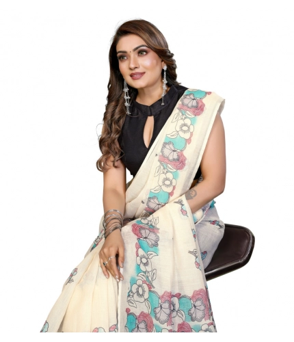 Generic Women's Linen Cotton Printed Saree With Unstitched Blouse 5.5Mtr (Off White)