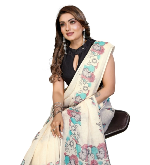 Generic Women's Linen Cotton Printed Saree With Unstitched Blouse 5.5Mtr (Off White)