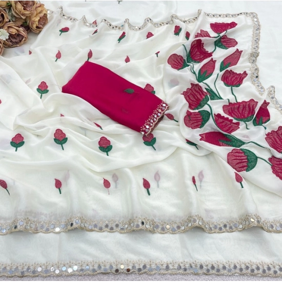 Generic Women's Georgette Embellished Saree With Unstitched Blouse 5.5Mtr (Cream-Red) Generic Women's Georgette Embellished Saree With Unstitched Blouse 5.5Mtr (Cream-Red)