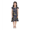 Generic Girl's Polyester Crepe Polka Cold Shoulder Dress (Navy Blue)