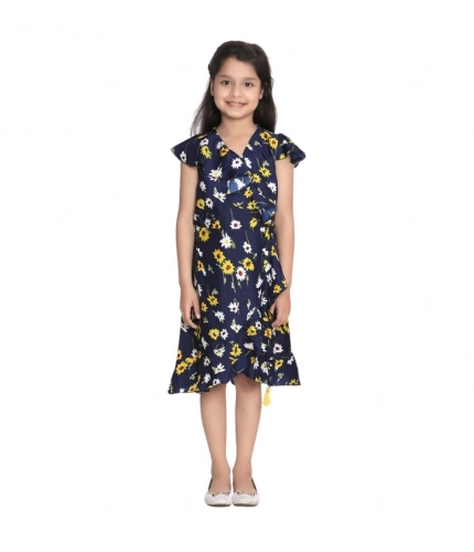 Generic Girl's Polyester Crepe Polka Cold Shoulder Dress (Navy Blue)