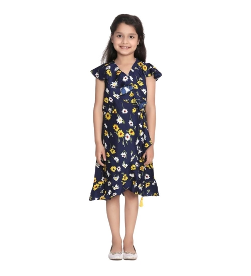 Generic Girl's Polyester Crepe Polka Cold Shoulder Dress (Navy Blue)