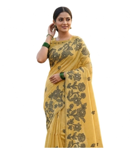 Generic Women's Linen Cotton Printed Saree With Unstitched Blouse 5.5Mtr (Yellow)