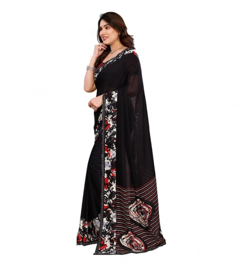 Generic Women's Georgette Printed Saree With Unstitched Blouse 5.5Mtr (Black)