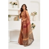 Generic Women's Faux Linen Geometric Print Ready to wear Saree With Unstitched Blouse 5.5Mtr (Brown)