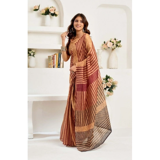 Generic Women's Faux Linen Geometric Print Ready to wear Saree With Unstitched Blouse 5.5Mtr (Brown) Generic Women's Faux Linen Geometric Print Ready to wear Saree With Unstitched Blouse 5.5Mtr (Brown)