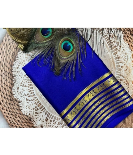 Generic Women's Crepe Chit Pallu Solid Saree With Unstitched Blouse 5.5Mtr (Blue)