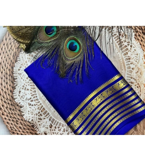 Generic Women's Crepe Chit Pallu Solid Saree With Unstitched Blouse 5.5Mtr (Blue)