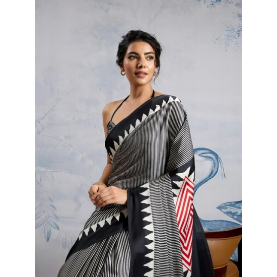Generic Women's Satin Crepe Printed Saree With Unstitched Blouse 5.5Mtr (Black)