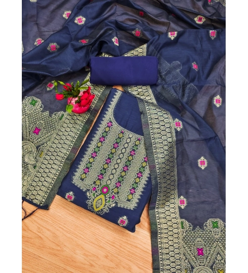 Generic Women's Banarasi Silk Printed Unstitched Salwar Suit Material With Dupatta (Navy Blue, 3Mtrs)
