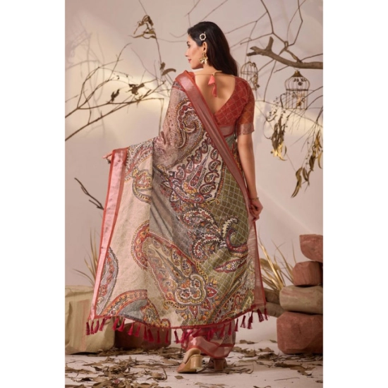 Generic Women's Faux_Linen Printed Saree With Unstitched Blouse 5.5Mtr (Light_Beige)