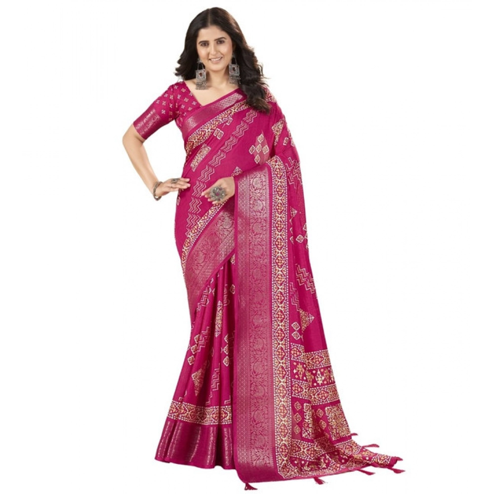 Women's Cotton Silk Printed Saree With Unstitched Blouse 5.5Mtr (Pink)