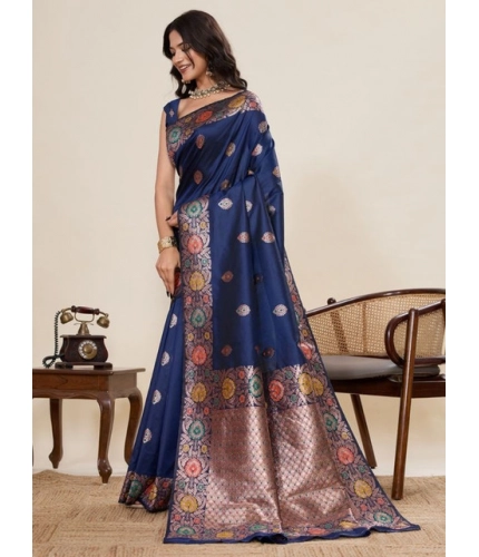 Generic Women's Faux_Banarasi_Silk Woven Saree With Unstitched Blouse 5.5Mtr (Navy_Blue)
