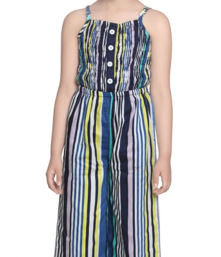 Generic Girl's Rayon Striped Sleeveless Jumpsuit (Blue)