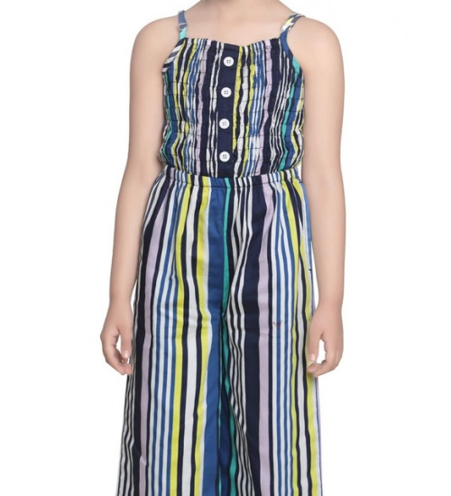 Generic Girl's Rayon Striped Sleeveless Jumpsuit (Blue)