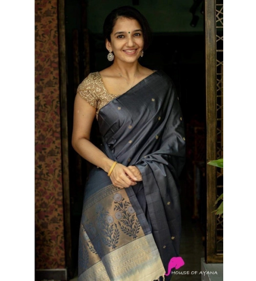 Generic Women's Soft Litchi Silk Jacquard Work Saree With Unstitched Blouse 5.5Mtr (Gray)