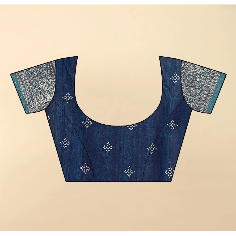 Generic Women's Cotton Blend Printed Saree With Unstitched Blouse 5.5Mtr (Blue)
