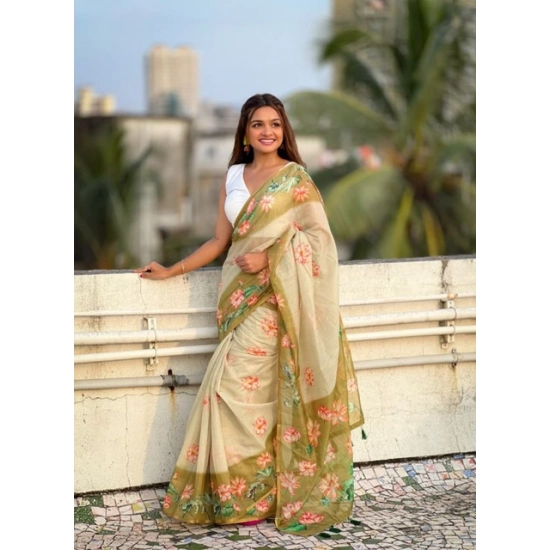 Generic Women's Linen Printed Saree With Unstitched Blouse 5.5Mtr (Mahendi)