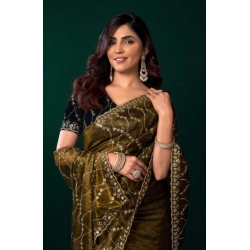 Generic Women's Net Sequence Saree With Unstitched Blouse 5.5Mtr (Mahendi)