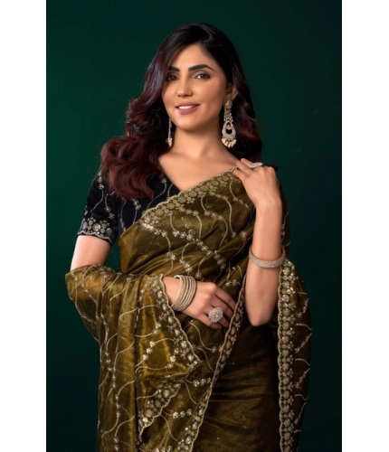Generic Women's Net Sequence Saree With Unstitched Blouse 5.5Mtr (Mahendi)