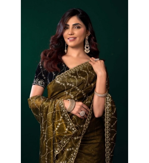 Generic Women's Net Sequence Saree With Unstitched Blouse 5.5Mtr (Mahendi)
