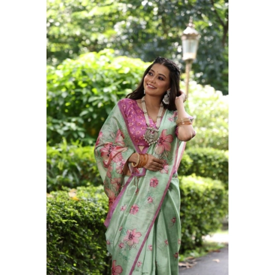 Generic Women's Faux_Tussar Floral_Print Saree With Unstitched Blouse 5.5Mtr (Light_Green) Generic Women's Faux_Tussar Floral_Print Saree With Unstitched Blouse 5.5Mtr (Light_Green)